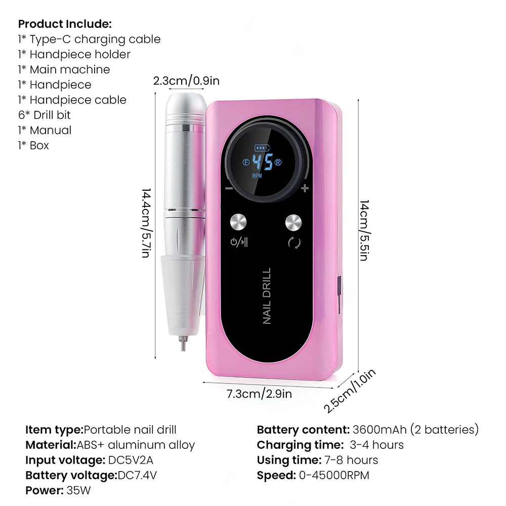 45000RPM Nail Drill Machine Rechargeable Nail Drill Milling Machine Portable Wireless Manicure Grinder Nail Polisher Cutter Kit