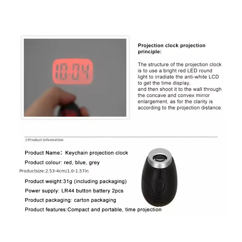 Mini Portable Projection Clock Keychain LED Digital Display Oval Plastic Alarm Clock for Traveling Business Trips