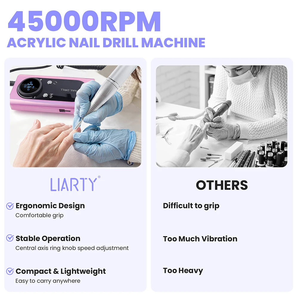 45000RPM Nail Drill Machine Rechargeable Nail Drill Milling Machine Portable Wireless Manicure Grinder Nail Polisher Cutter Kit