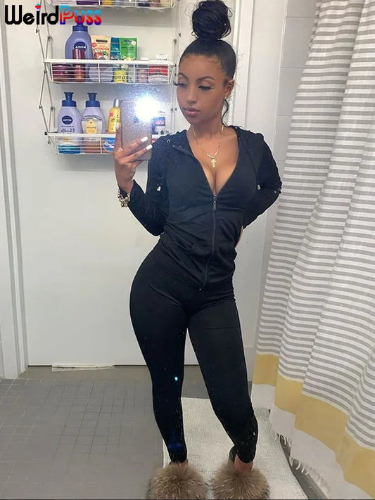 Weird Puss Women Fall  Casual 2 Piece Set Hooded Crop Tops Sporty Leggings Matching Stretchy Soft Skinny Fitness Slim Streetwear