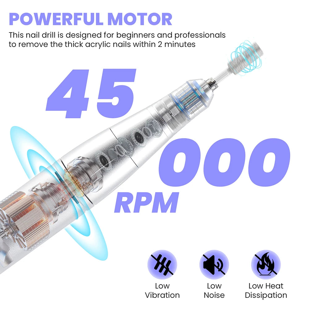 45000RPM Nail Drill Machine Rechargeable Nail Drill Milling Machine Portable Wireless Manicure Grinder Nail Polisher Cutter Kit