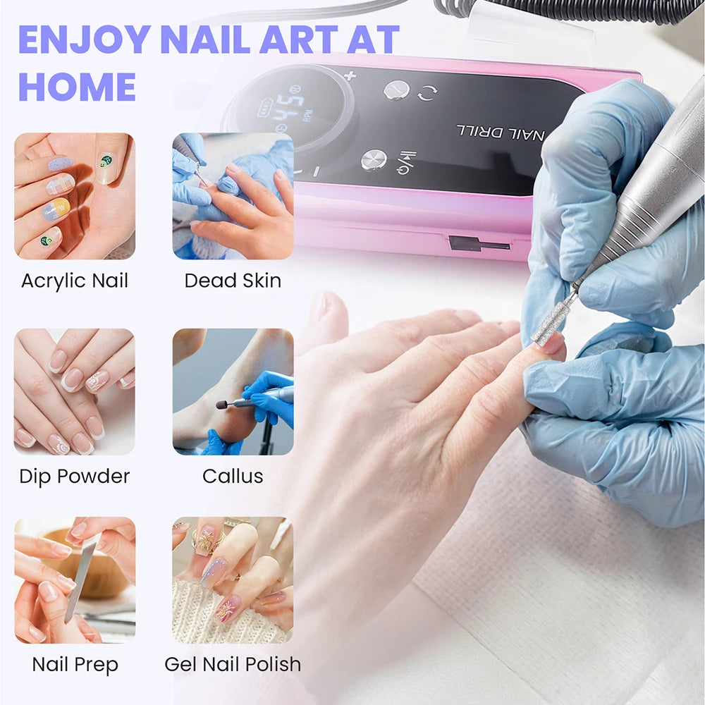 45000RPM Nail Drill Machine Rechargeable Nail Drill Milling Machine Portable Wireless Manicure Grinder Nail Polisher Cutter Kit