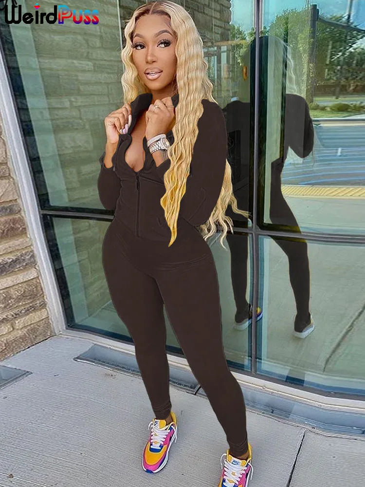 Weird Puss Women Fall  Casual 2 Piece Set Hooded Crop Tops Sporty Leggings Matching Stretchy Soft Skinny Fitness Slim Streetwear