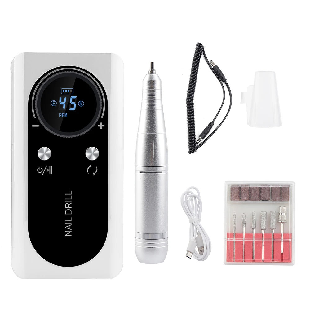 45000RPM Nail Drill Machine Rechargeable Nail Drill Milling Machine Portable Wireless Manicure Grinder Nail Polisher Cutter Kit