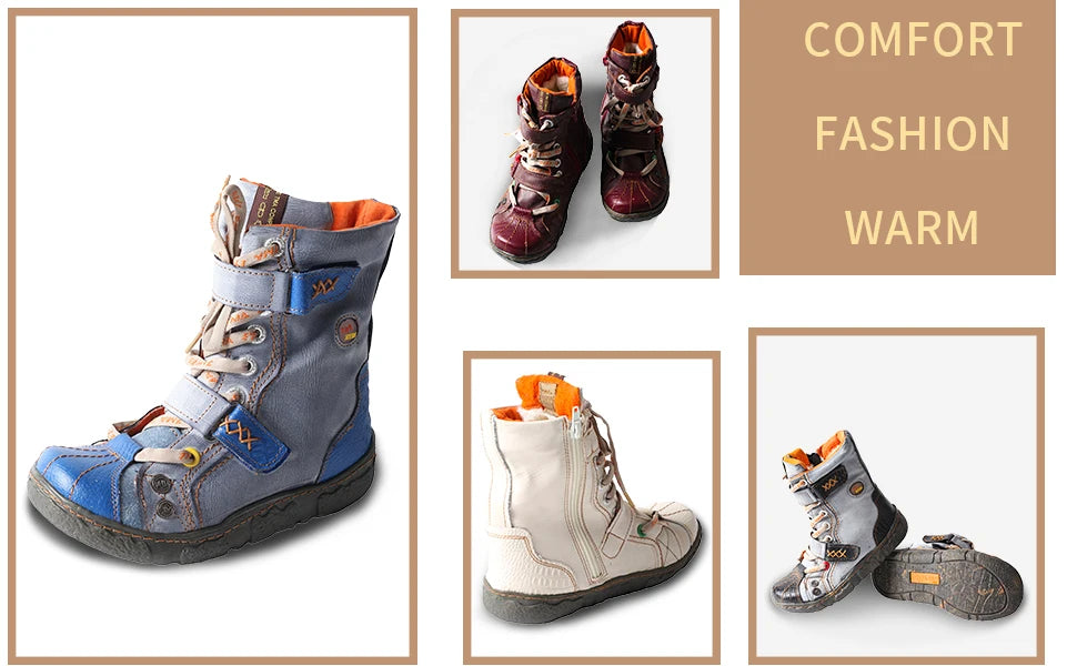 TMA EYES Double-Strape Washed PU Leather Women's Boot With Faux Fur Lining