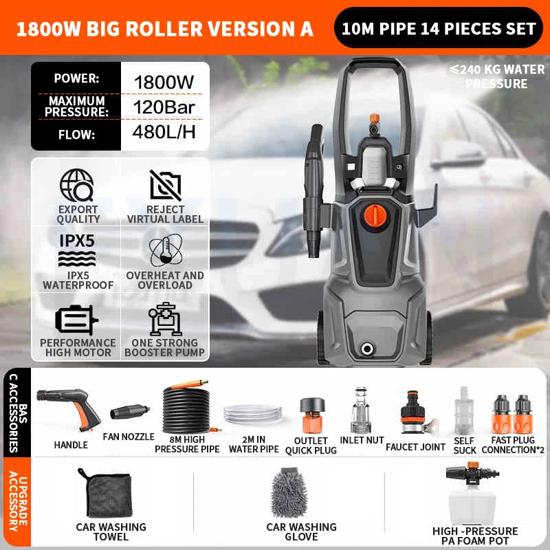 1400W/1800W/2200W Car Washing Machine High Pressure Water Gun 220V Booster Water Pump Floor Cleaning Machine Portable Car Washer