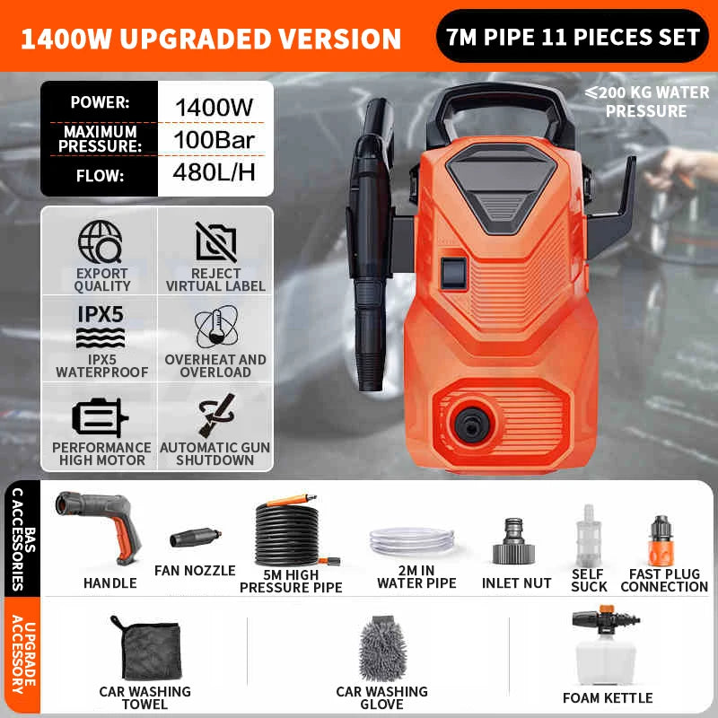 1400W/1800W/2200W Car Washing Machine High Pressure Water Gun 220V Booster Water Pump Floor Cleaning Machine Portable Car Washer