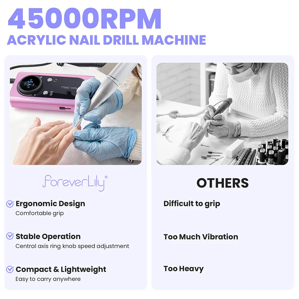 45000RPM Nail Drill Machine Rechargeable Nail Drill Milling Machine Portable Wireless Manicure Grinder Nail Polisher Cutter Kit