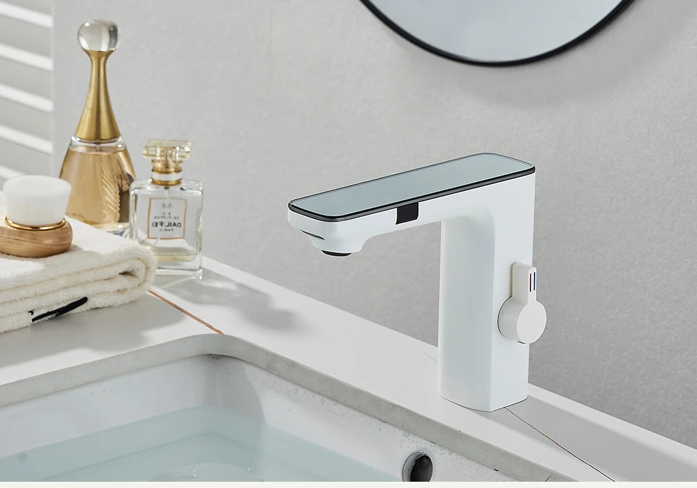 rozin Touchless Sensor Basin Faucet Smart Digital Display Bathroom Sink Faucets Grey Brass Sense Hot Cold Water Mixer Tap Crane