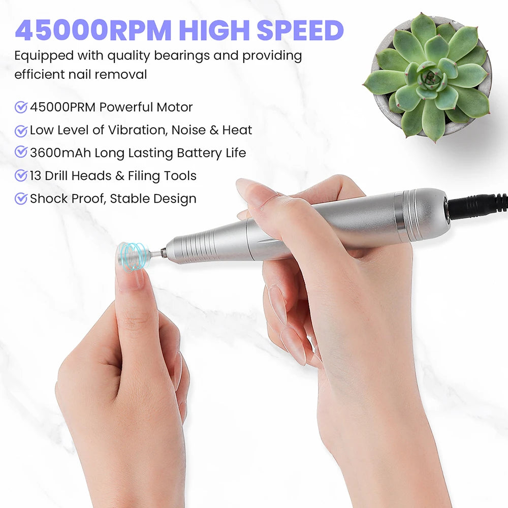 45000RPM Nail Drill Machine Rechargeable Nail Drill Milling Machine Portable Wireless Manicure Grinder Nail Polisher Cutter Kit
