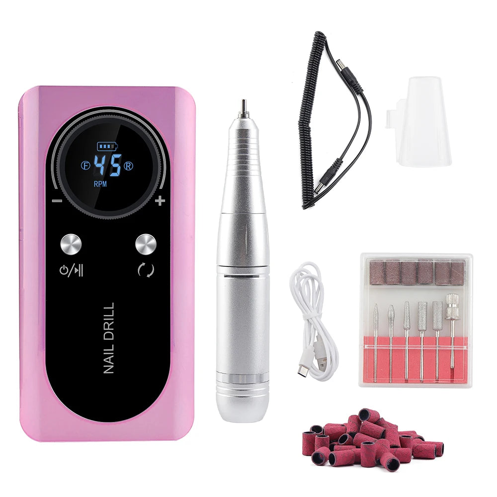 45000RPM Nail Drill Machine Rechargeable Nail Drill Milling Machine Portable Wireless Manicure Grinder Nail Polisher Cutter Kit