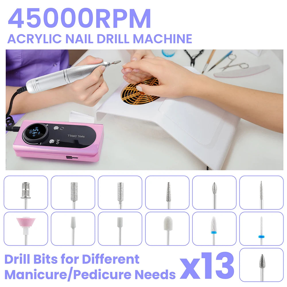 45000RPM Nail Drill Machine Rechargeable Nail Drill Milling Machine Portable Wireless Manicure Grinder Nail Polisher Cutter Kit