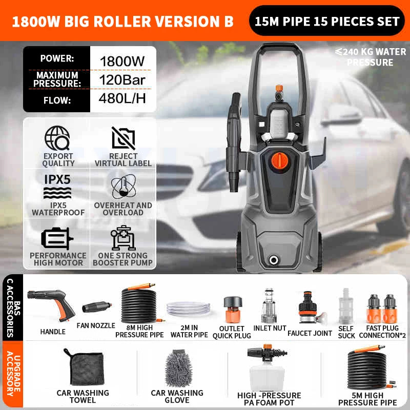 1400W/1800W/2200W Car Washing Machine High Pressure Water Gun 220V Booster Water Pump Floor Cleaning Machine Portable Car Washer